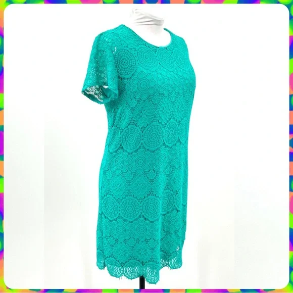 LAUNDRY Spring Green Crochet Lace Floral Medallion Overlay Shift Dress Size 14 - Picture 5 of 13